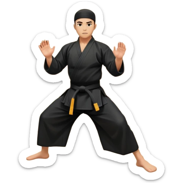 An icon depicting a martial artist in a black gi performing an Aikido technique in a dojo. The background showcases wooden floors, traditional dojo decor, and soft lighting that creates a peaceful yet focused atmosphere. The Aikido practitioner demonstrates fluid movement and precision.  sticker