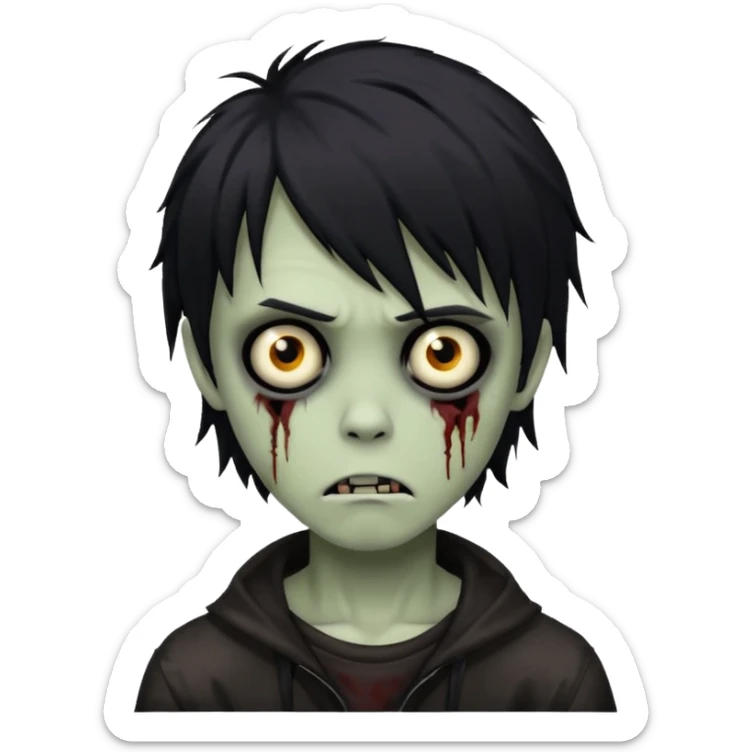 boy zombie with black medium-long emo shaggy hair, dark and spooky, creepy expression sticker