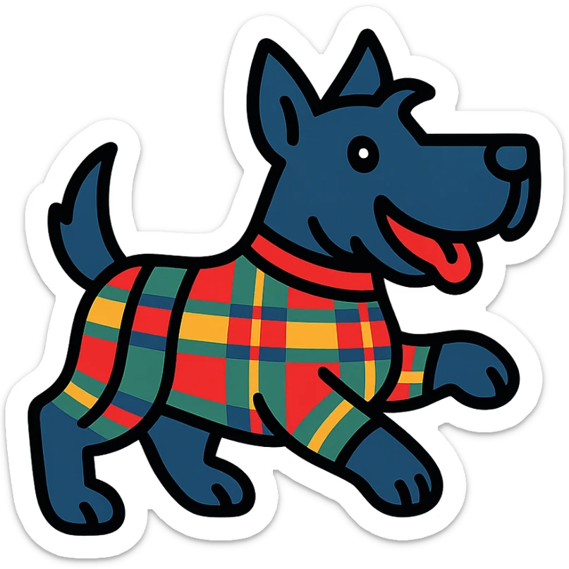Scotty the Scottish Terrier mascot in tartan colors, energetic pose, modern icon style sticker