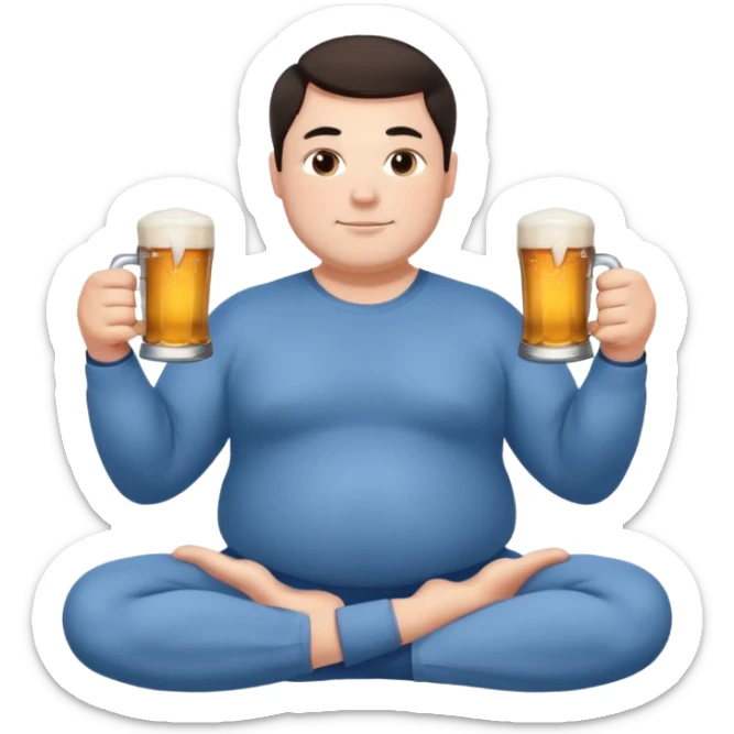 big white guy sitting in yoga pose, winter dressed, short dark hair, holding beer mugs in two hands, sitting sticker