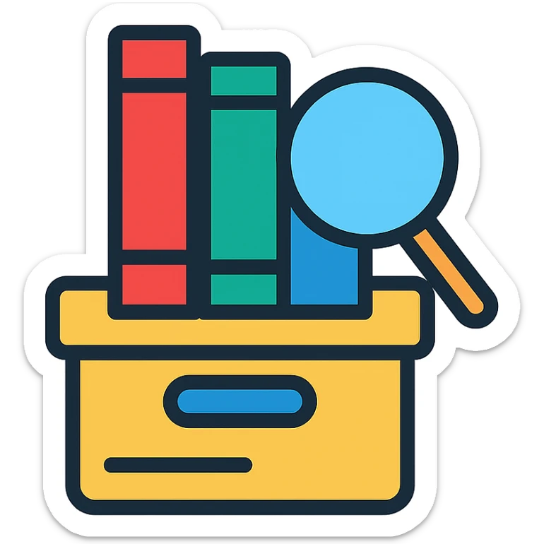 magnifying glass over an archive box of books, representing archive search, colorful outlined icon style sticker