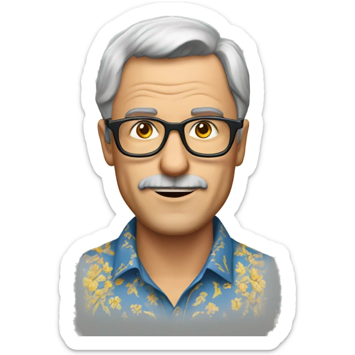 a middle-aged European man wearing an embroidered shirt and glasses sticker