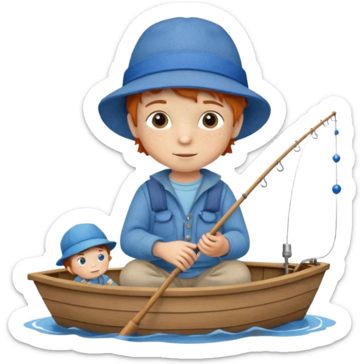 Little boy on a little boat fishing, felt texture, scrapbooking, precious moments style character sticker
