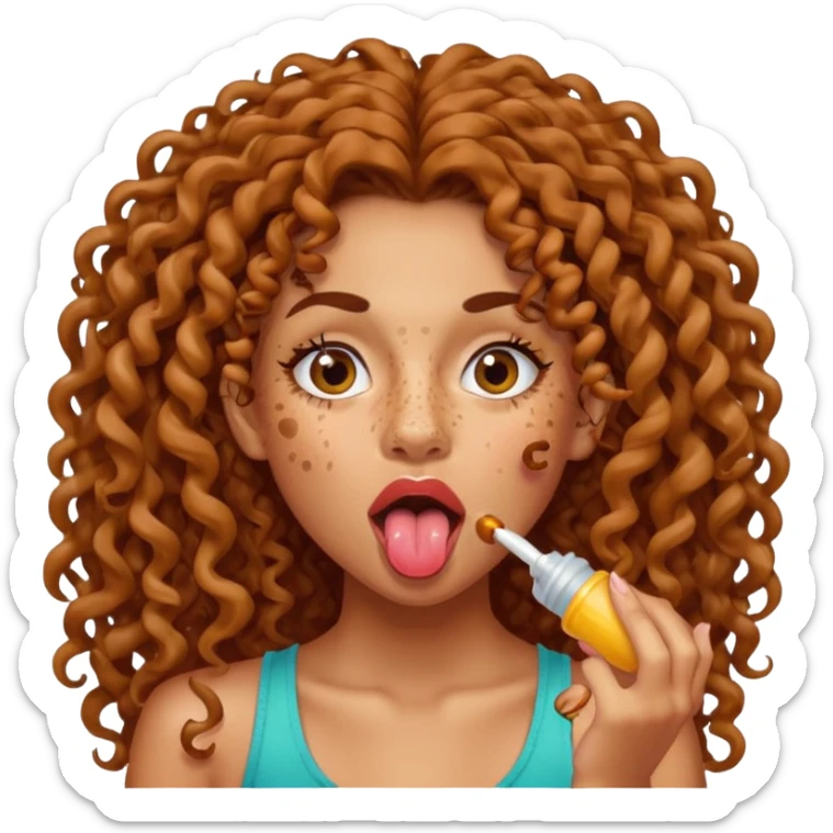 a mixed girl with long curly hair sticking her tongue out with spit sticker