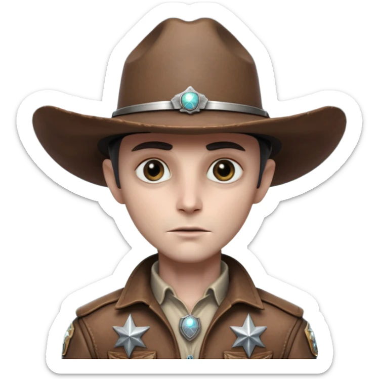 Close-up portrait of a classic grey alien cowboy, large black eyes, smooth pale skin, wearing a worn leather cowboy hat and futuristic sheriff badge, dramatic side lighting, shallow depth of field, ultra detailed skin texture, cinematic western sci-fi style
 sticker