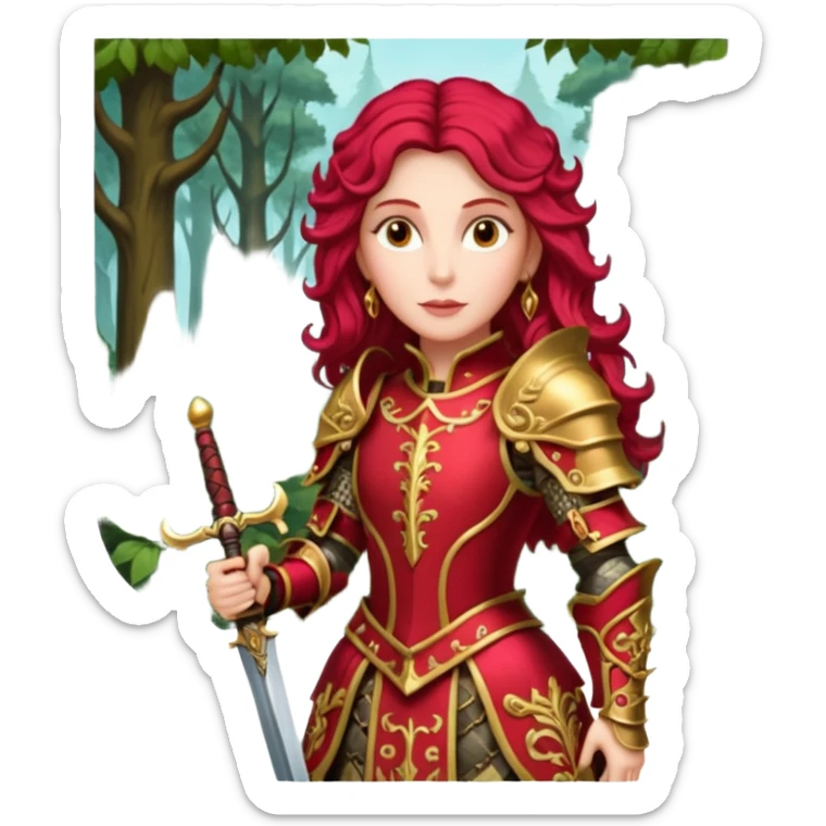 realistic cinematic actress Cher in baroque styling with crimson armor in a forest sticker