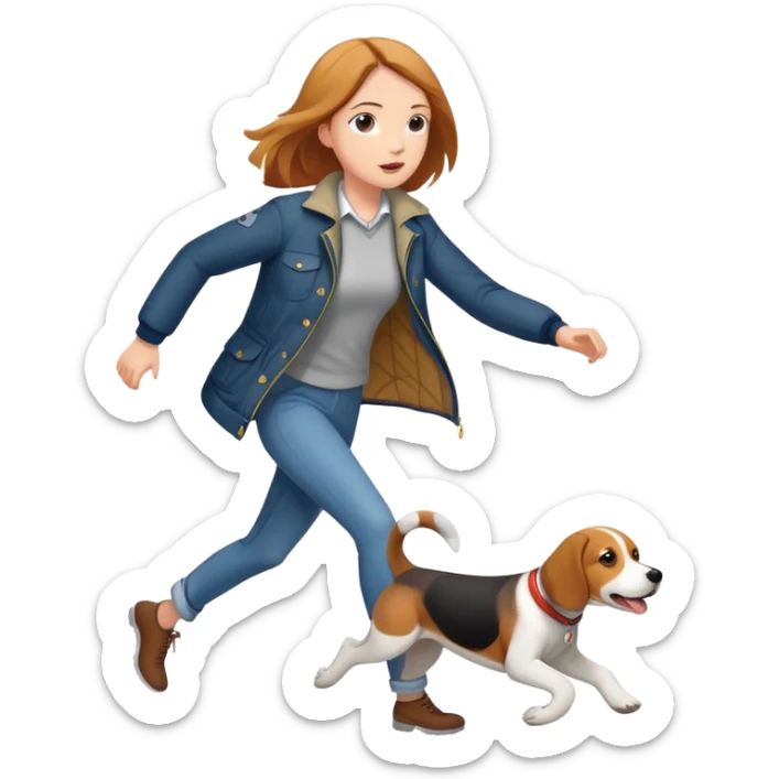 A beautiful tall girl with fair skin wearing a jacket chasing a beagle sticker