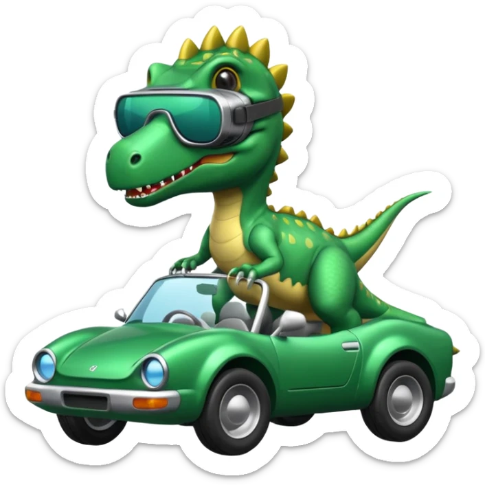 Dinosaurio subido en un carro tecnológico con lentes de realidad virtual sticker