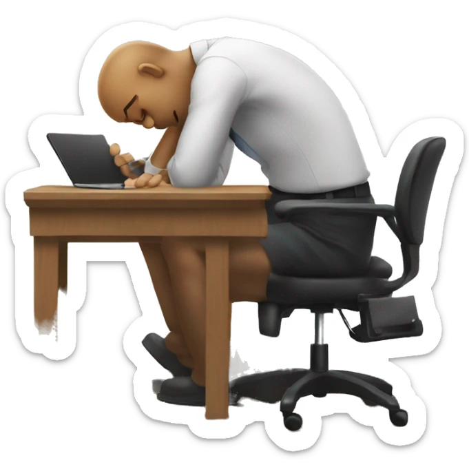 man sitting at a wooden work desk in office chair slumped and looking frustrated sticker