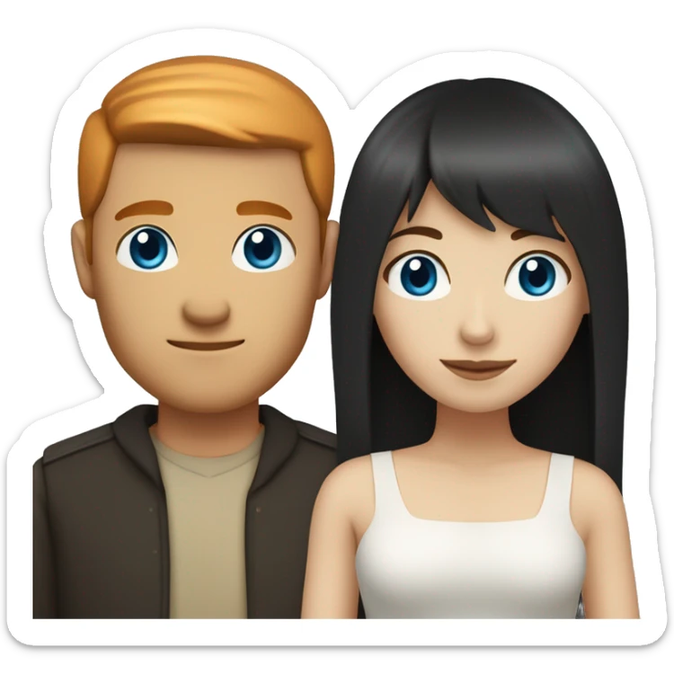 a married couple standing beside eachother, one has pale skin and long straight ginger hair with bangs and blue eyes, the other person is a man that is mexican and has straight chin length black hair with brown eyes sticker