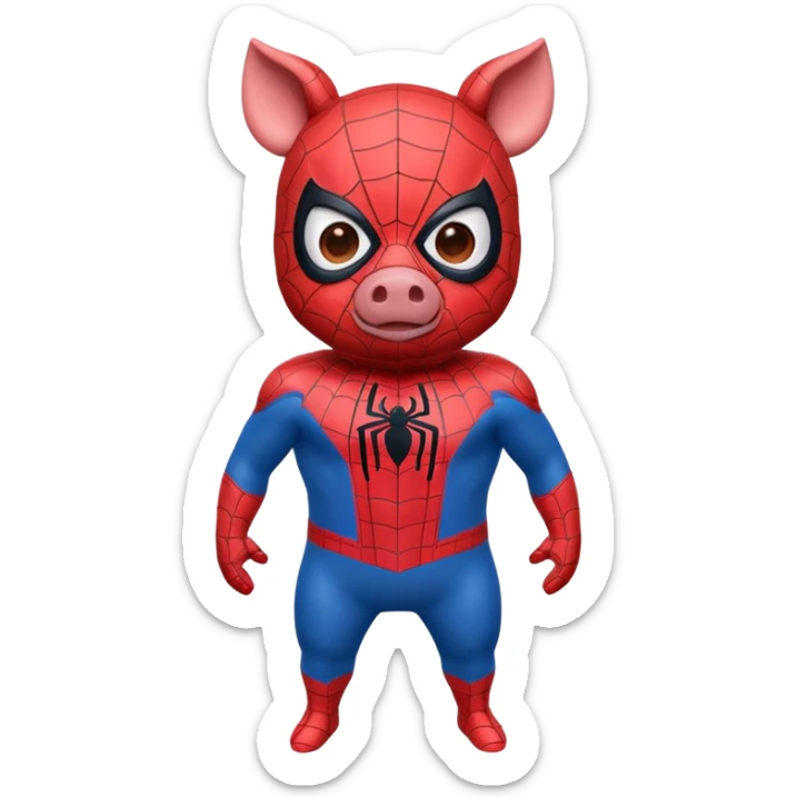 Spiderman superhero suit featuring a pig emblem on the chest, playful emoji style sticker