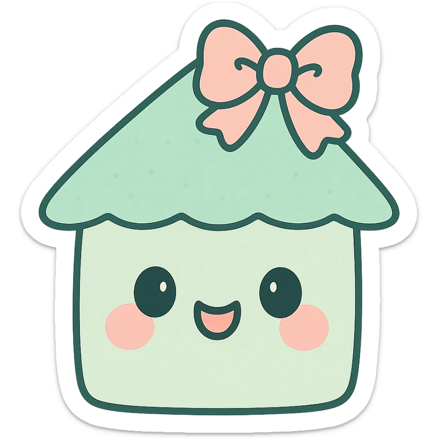 house button in coquette style, mint green and blush pink, bow or ribbon detail, gentle curves, kawaii aesthetic sticker