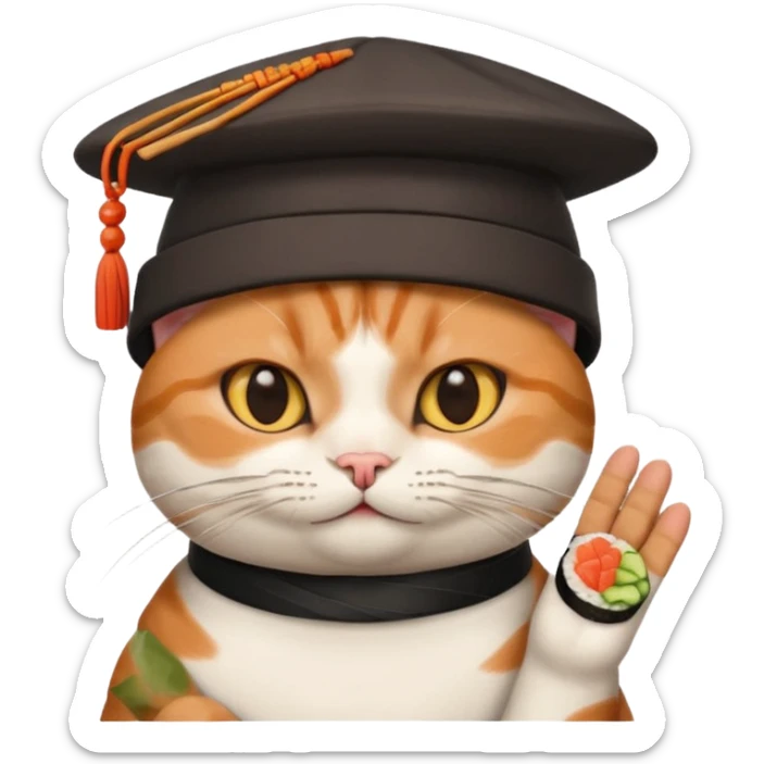 cat with its fingers crossed wearing a hat made out of sushi sticker