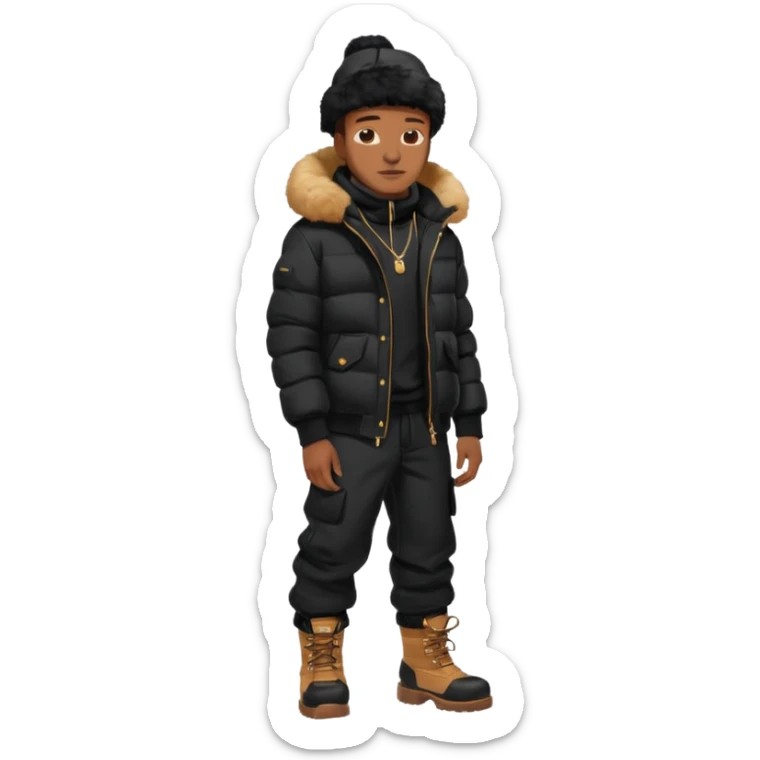 Handsome Black grown man with brown skin tone, wear black joggers, a black bubble coat with a fur brim on the hood, and buckwheat timberland boots sticker
