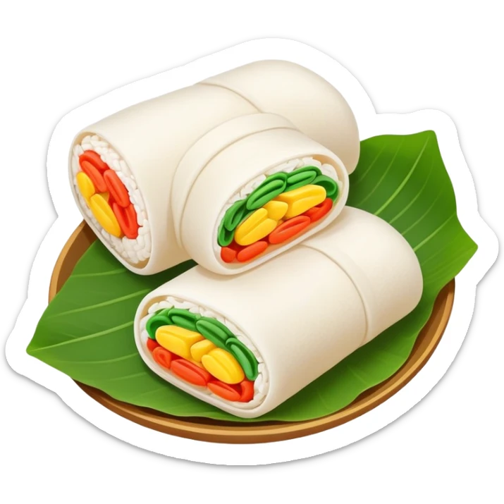 Hangzhou Pian Er Chuan steamed rice cake rolls with fillings, simplified emoji style with bold outlines and bright colors, cartoon style local specialty snack sticker