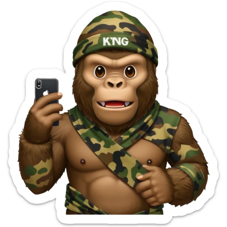 King Kong with a cell phone emojie wearing a camouflage bandana sticker