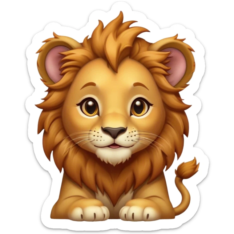 Cinematic Cute Lion Cub Portrait Emoji, Head tilted playfully and inquisitively, featuring a glossy tawny Fur with a lush mane and round, sparkling amber eyes filled with curious mischief, Simplified yet irresistibly adorable features, highly detailed, glowing with a warm, friendly glow, high shine, affectionate and spirited, stylized with a touch of jungle whimsy, bright and endearing, soft glowing outline, capturing the essence of a mischievous yet loving Lion Cub, so playful it feels like it could pounce out of the screen and into your arms! sticker