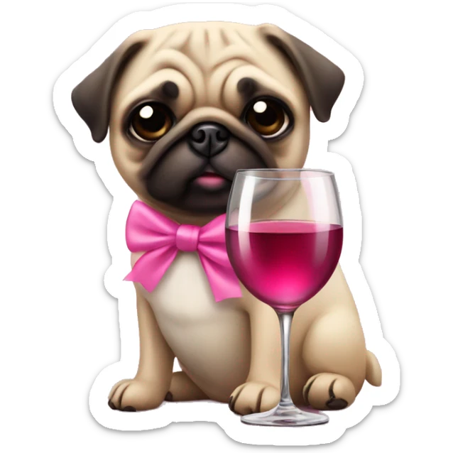 A pug dog with a pink bow and a glass of rose wine  sticker