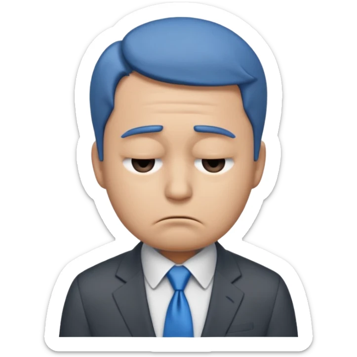 emoji character wearing a dark grey suit, white shirt, and blue tie. face has a very sad, disappointed expression with drooping eyebrows and half-closed eyes His posture is dejected, with slumped shoulders. he just rejected from his interview to get a job sticker