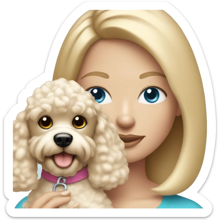  mom with straight blonde hair and blue eyes is holding a cream poodle  sticker