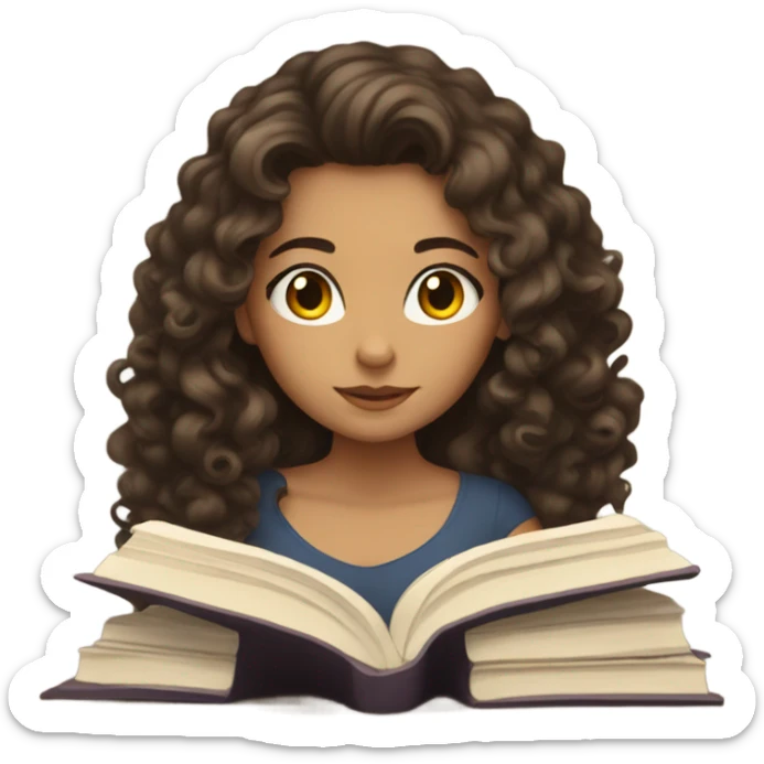 brunette long curl hair brown woman looking down at a book cozy aesthetic sticker