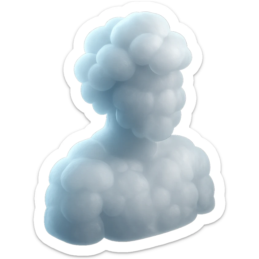 A person from the shoulders up, entirely composed of fluffy white convex clouds sticker