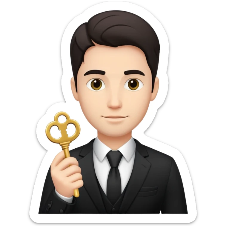 A rich man dressed with black suit formal of 30 age with a small key in hand sticker