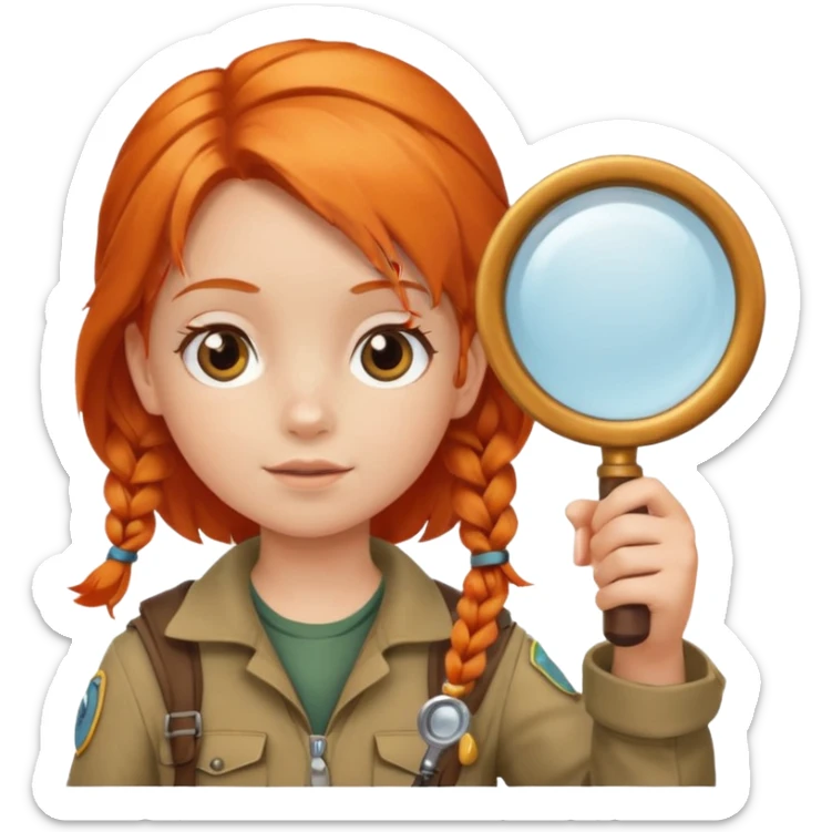 braid orange haired girl kid in explorer outfit, holding magnifying glass sticker