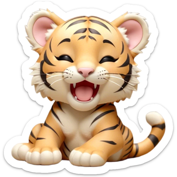 Cinematic Cute Yawning Tiger Cub Portrait Emoji, Head tilted slightly with a dramatic, wide-open yawn, showcasing a small, plush body with drowsy, half-closed eyes and an open, relaxed expression, Simplified yet irresistibly adorable features, highly detailed, glowing with a soft, cozy wild glow, high shine, relaxed yet expressive, stylized with a dash of whimsical jungle charm, soft glowing outline, capturing the essence of a drowsy yet affectionate tiger cub that appears ready to stretch out for a nap! sticker