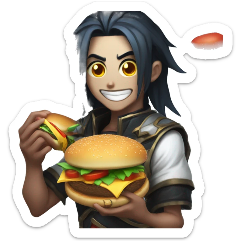 kayn from league of legends eating an hamburger 2d anime sty sticker