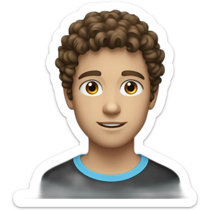 a young man with curly brown hair and light blue eyes wearing a black shirt sticker