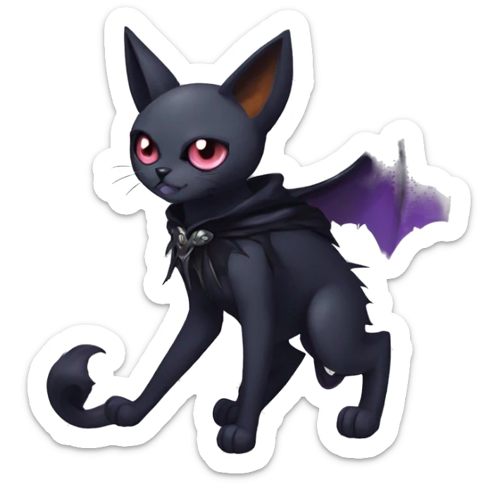   cool edgy beautiful anime-style ethereal dark-punk-themed animal vampiric cat-hybrid Fakemon with fangs and bat-wing-ears with a cape full body sticker