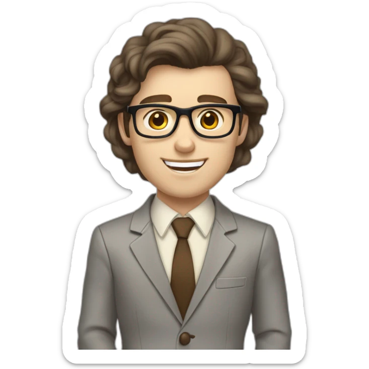 Pale skinned fit man with dark brown hair in gray jacket, beige office shirt, brown tie, brown pants and vintage glasses Writing on the tablet sticker