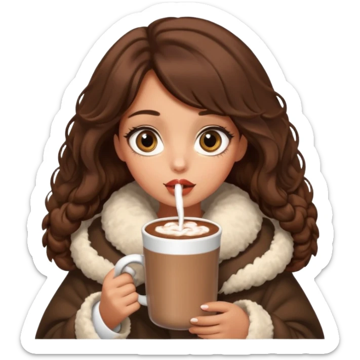 Tanned Girl with lashes , brown hair, in an extremely big fluffy oversized coat and hold hot chocolate drink and big eyes, big lip sticker