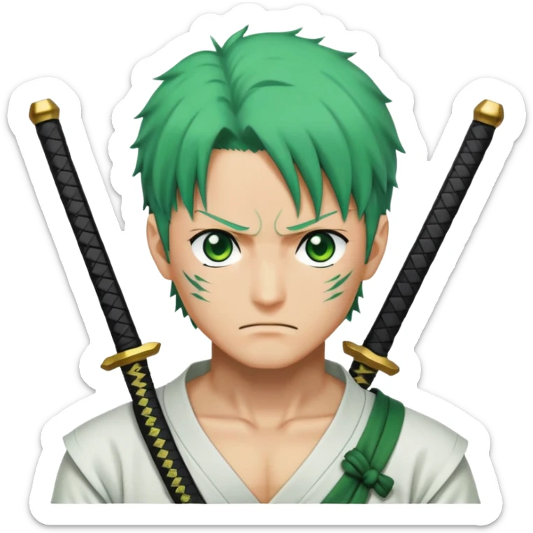 Roronoa Zoro with green hair, three swords, white shirt, green haramaki sticker