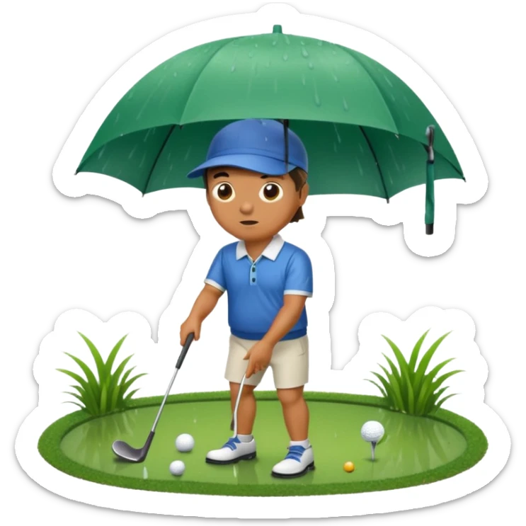 A man playing golf in the rain with wet grass around him and no umbrella  sticker