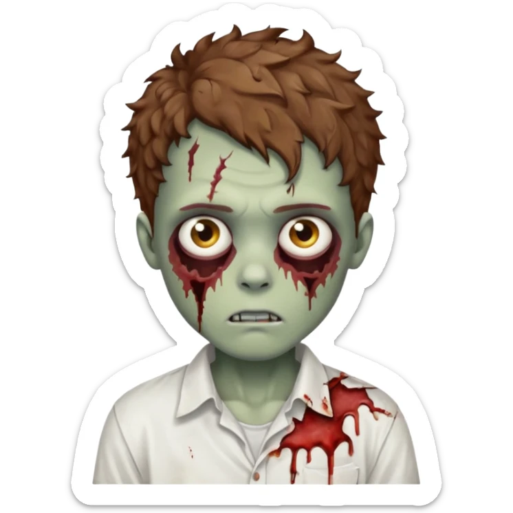 menino zumbi, cabelo castanho cacheado, camisa branca sticker