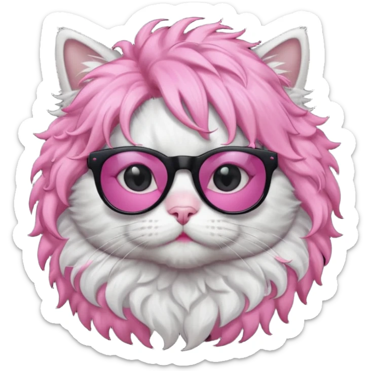 White cat wearing pink curly wig, black sunglasses, black T-shirt sticker