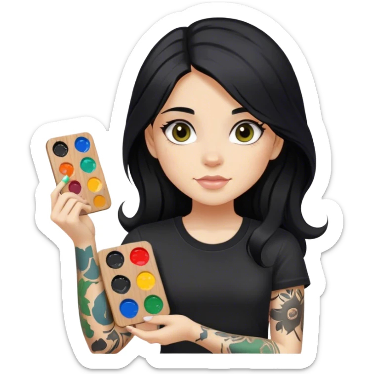 A girl with long black hair  light complexion and hazel eyes and black tattoos on right arm holding a paint palette  wearing black shirt sticker