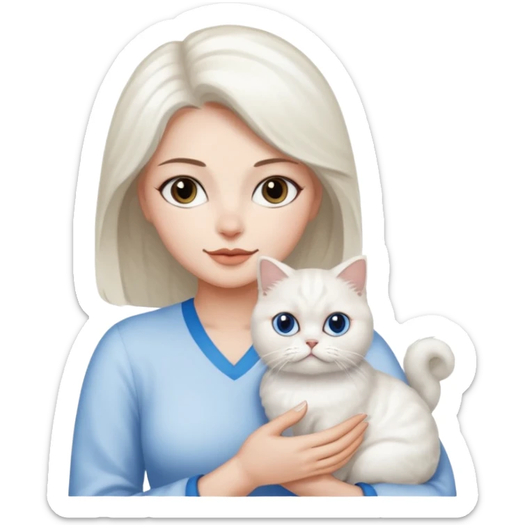 Woman holding a white Persian cat with one blue and one brown eye  sticker