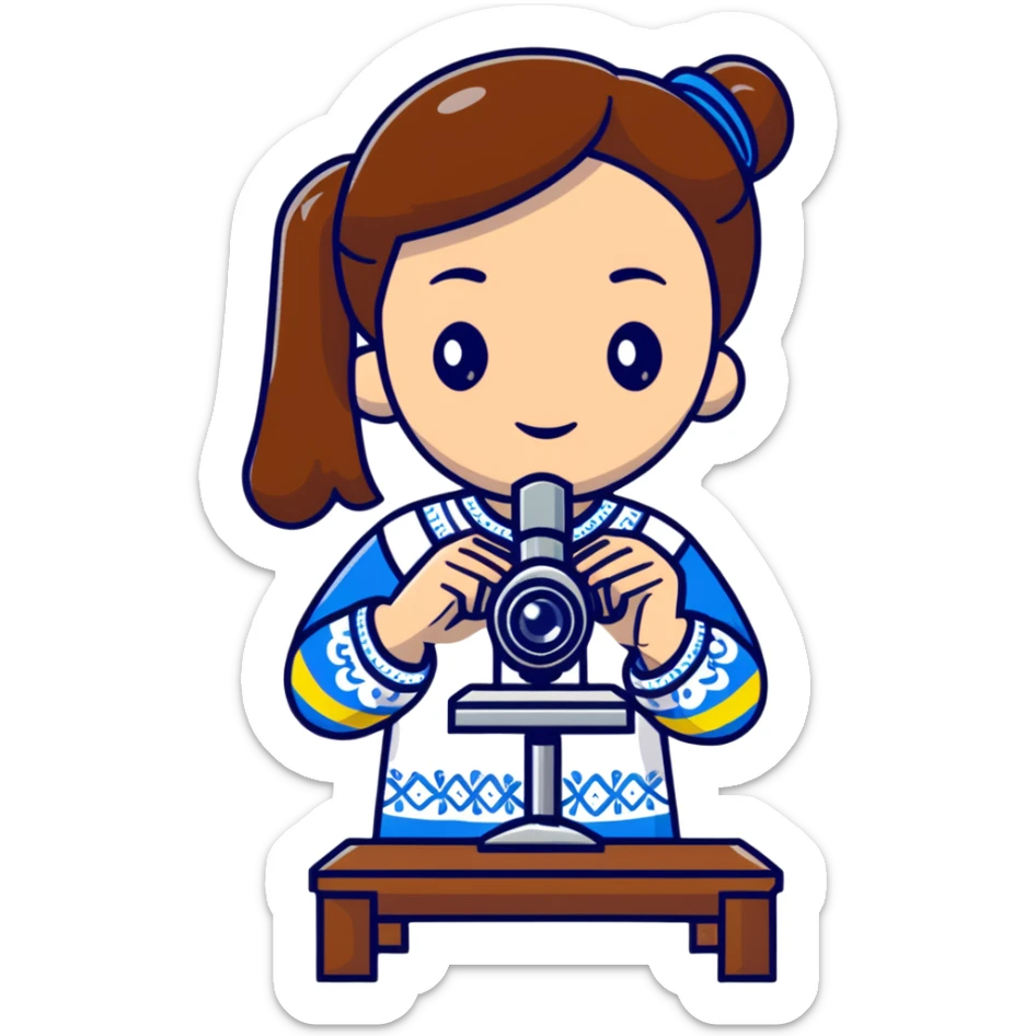 Ukrainian girl in traditional embroidered vyshyvanka shirt holding a microscope sticker