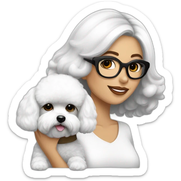 mujer piel blanca pelo largo negro gafas y perro bichon maltés blanco sticker