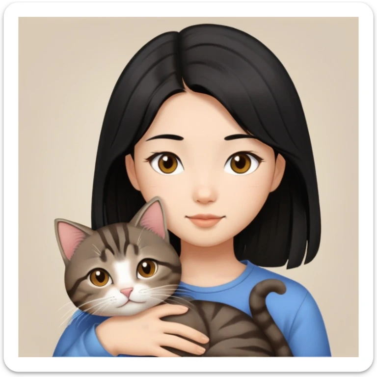 long hair asian girl snuggle with a short hair brown tabby cat sticker