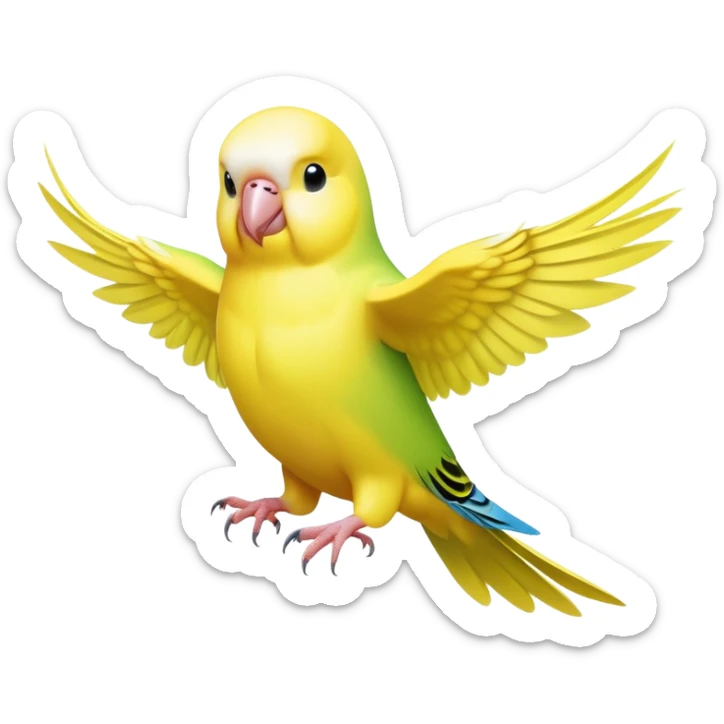 cinematic-[budgie]-realistic-full-body-perched-emoji,-wings-out-flying,-head-tilted-dramatically,-sleek-[yellow]-feathers,-simplified-yet-realistic-focused-features,-highly-detailed,-glowing-with-an-almost-sarcastic-glow sticker