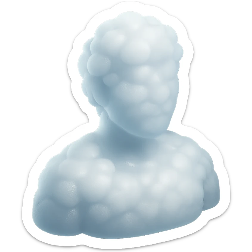 person made entirely of pure white puffy clouds, shoulders up, front view, matte glass style sticker