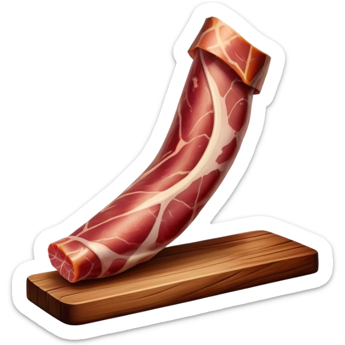 ​Cinematic Realistic Spanish Jamón Leg, depicted as a massive, cured leg of Jamón serrano (ham) with a deep reddish-brown hue, intricately marbled and slightly glossy with age, elegantly displayed on a rustic wooden stand and bathed in warm, soft lighting that accentuates its artisanal heritage, sticker