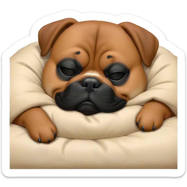 Cinematic Chubby Sleeping Boxer dog Portrait Emoji, Chubby and serene, with a stocky, adorable build and a smooth fawn coat accented by a distinctive black mask, eyes gently closed in peaceful slumber, Simplified yet irresistibly endearing features, highly detailed, glowing with a gentle, dreamy glow, high shine, relaxed and content, stylized with a touch of whimsy, bright and heartwarming, soft glowing outline, capturing the essence of a blissfully sleepy guardian, so comically serene it feels like it could roll out of the screen and snore with adorable charm! sticker