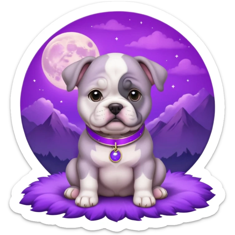 purple moon with a grey bull dog puppy with a purple collar sticker