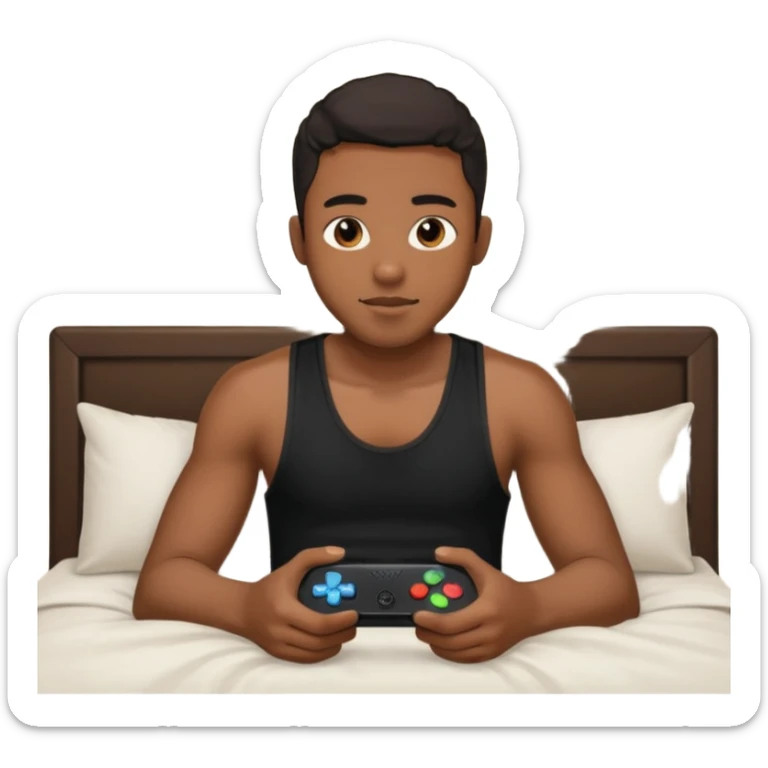 my black boyfriend in his bed with a black singlet on playing video games sticker