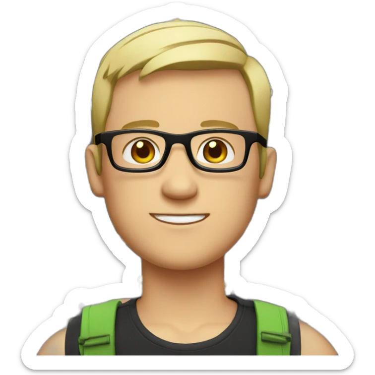 white guy short hair with glasses and dark t-shirt with flowers print sticker